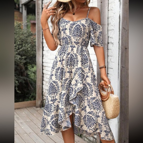 Boho floral print cold shoulder midi dress - Picture 2 of 6